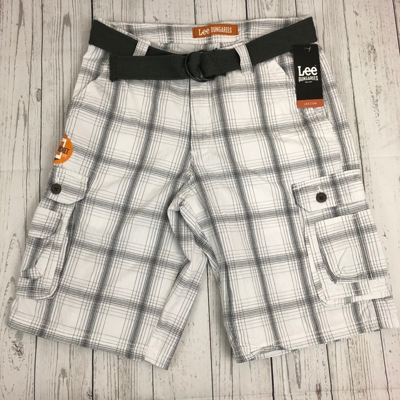 NEW LEE Mens Plaid Cargo Shorts White Gray Size 30 - Picture 1 of 8